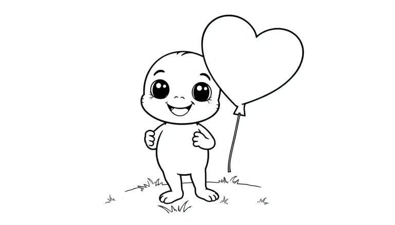 A cute Toca Boca character with big eyes and a friendly smile, holding a heart balloon, ready for coloring on a color panel.