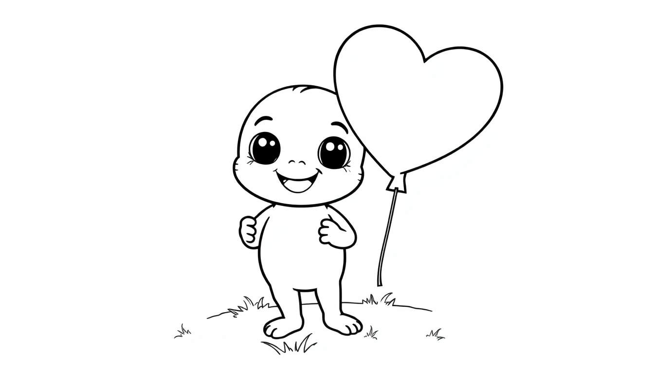 A cute Toca Boca character with big eyes and a friendly smile, holding a heart balloon, ready for coloring on a color panel.