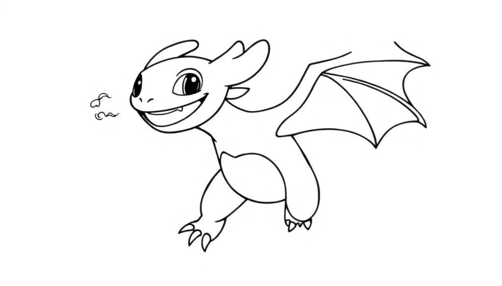 A black and white cartoon dragon, resembling Toothless, smiling with large eyes, ready for an adventure on its color panel.