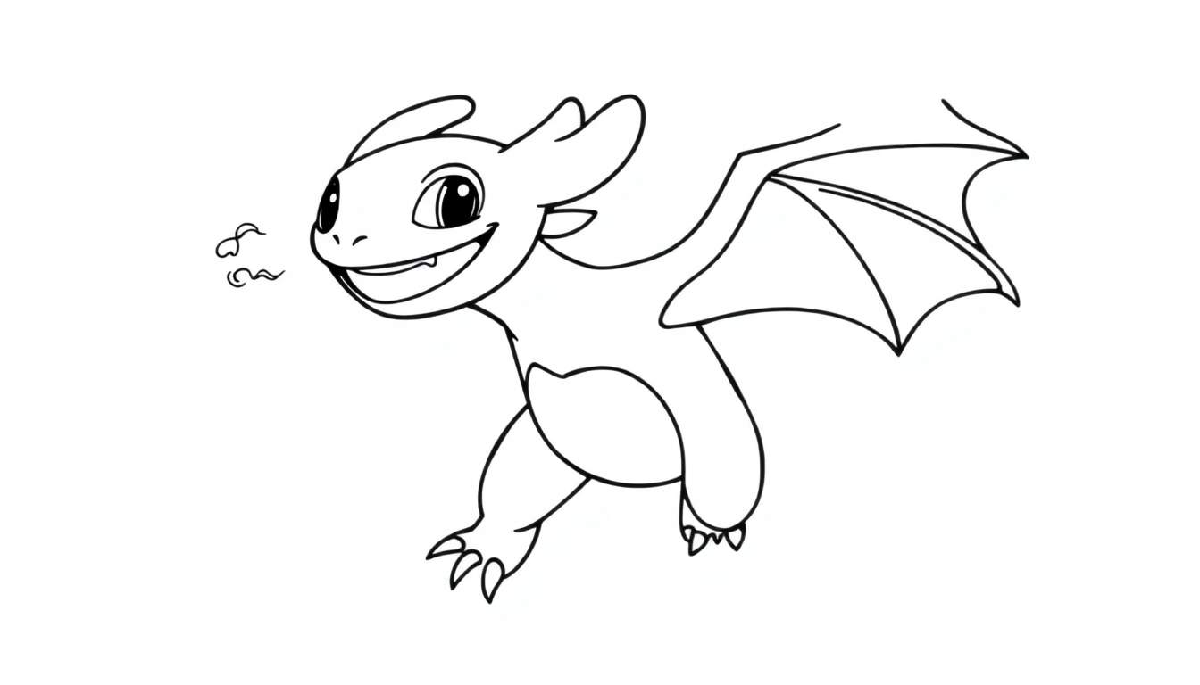 A black and white cartoon dragon, resembling Toothless, smiling with large eyes, ready for an adventure on its color panel.