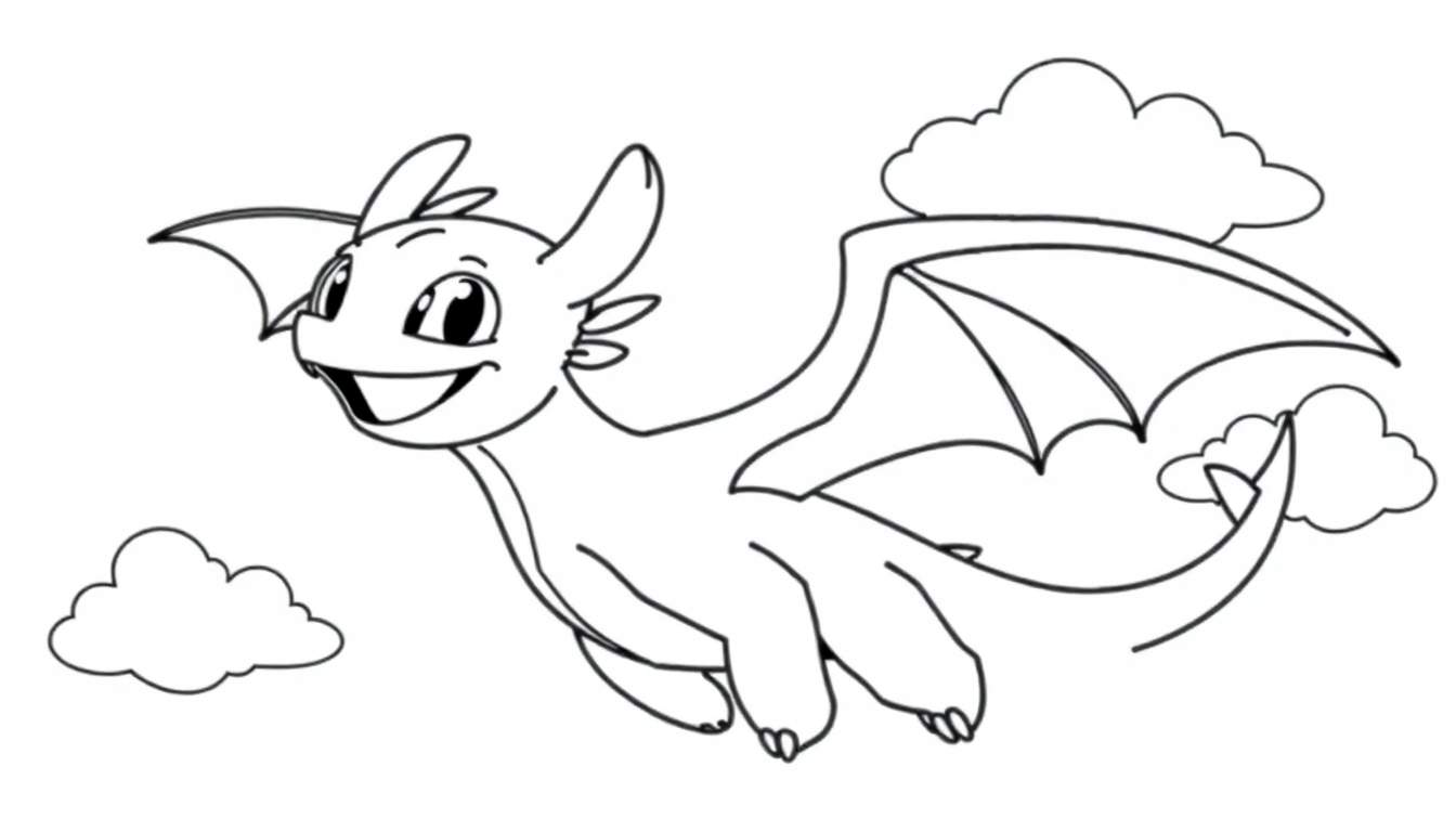 A cute black and white coloring page of Toothless the dragon soaring happily through clouds, presented as a color panel.