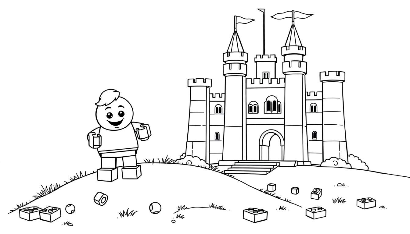 A blocky toy character on a hill with toy blocks and a castle in the background, a coloring panel for kids.
