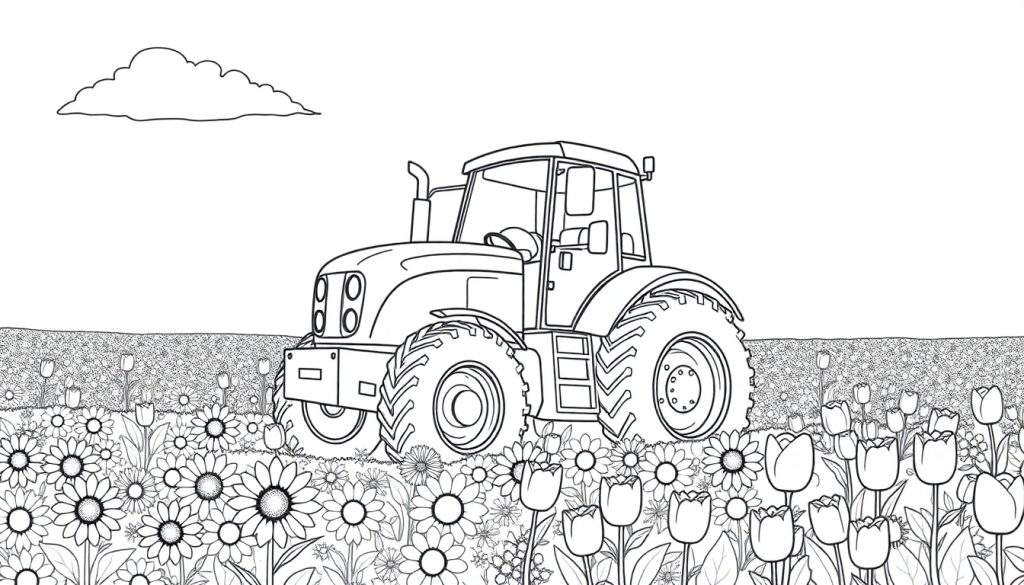 A friendly tractor color panel in a field of flowers under a cloud.