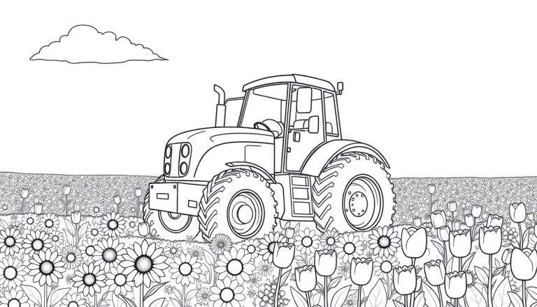 A friendly tractor color panel in a field of flowers under a cloud.