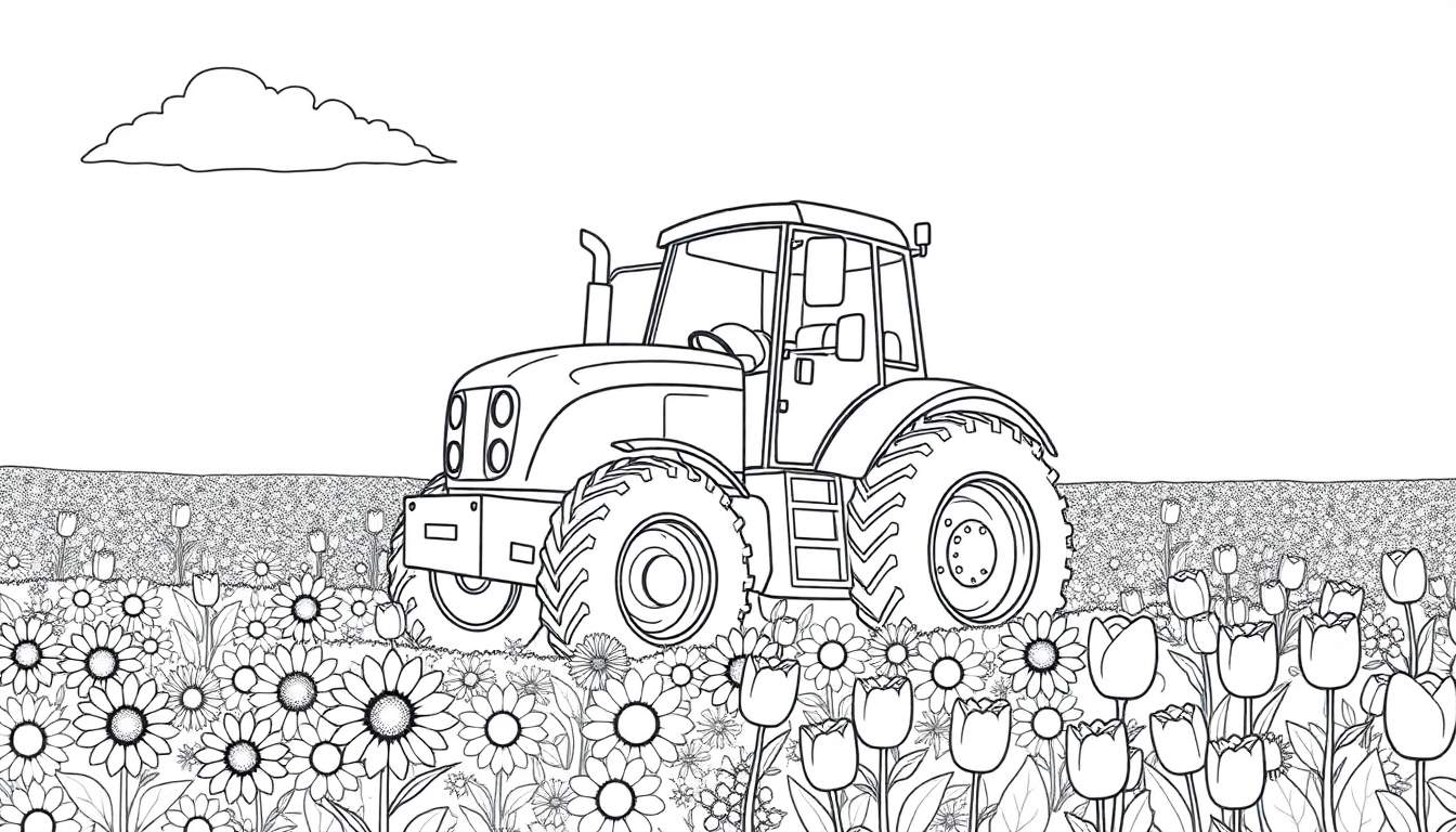 A friendly tractor color panel in a field of flowers under a cloud.