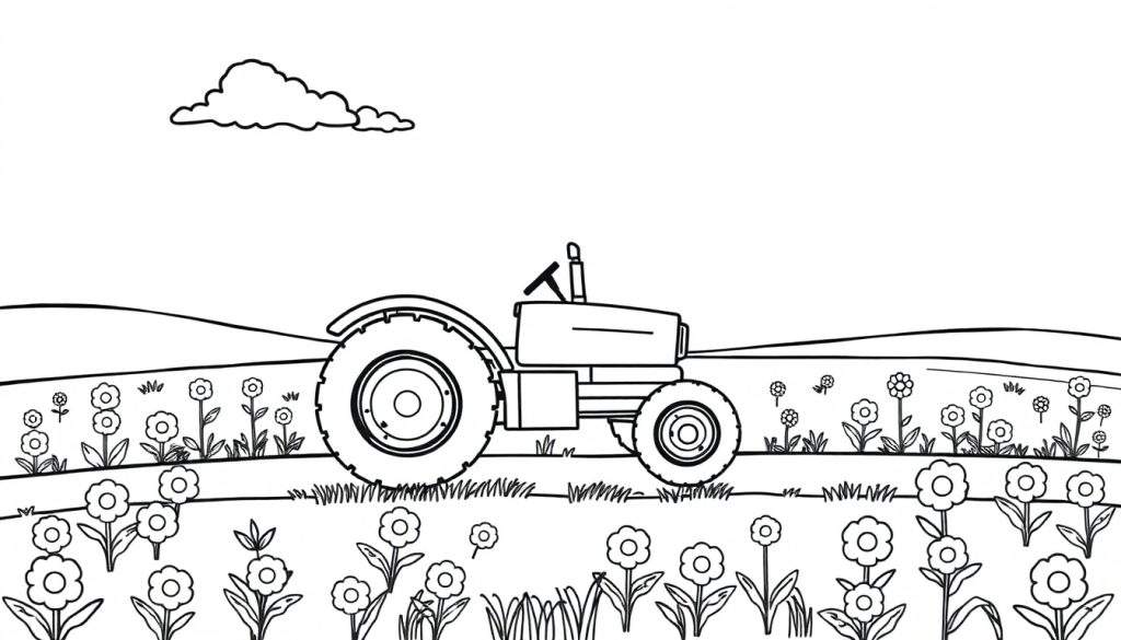 A friendly tractor in a flower field color panel, ready for coloring fun!
