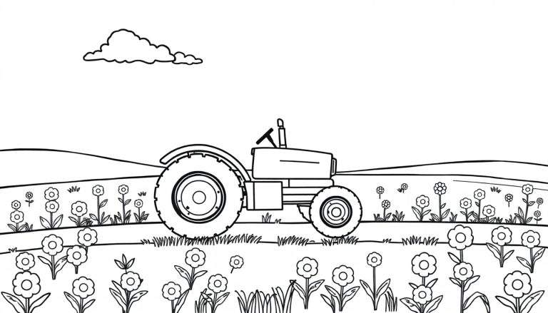 A friendly tractor in a flower field color panel, ready for coloring fun!