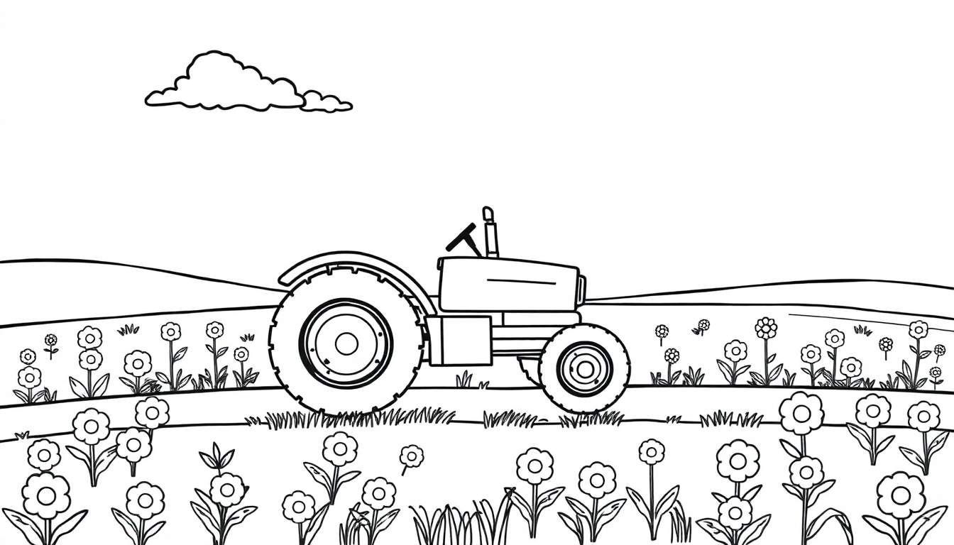 A friendly tractor in a flower field color panel, ready for coloring fun!