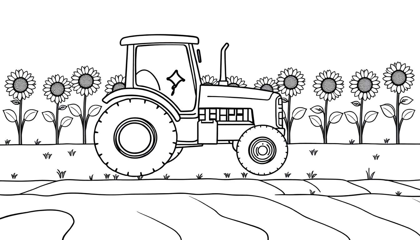 A friendly tractor in a field of sunflowers, ready for a color panel.