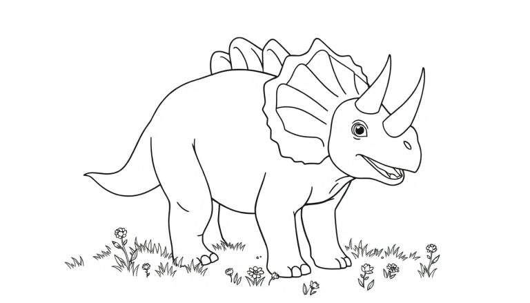 A happy Triceratops coloring panel with big horns, ready for coloring fun!