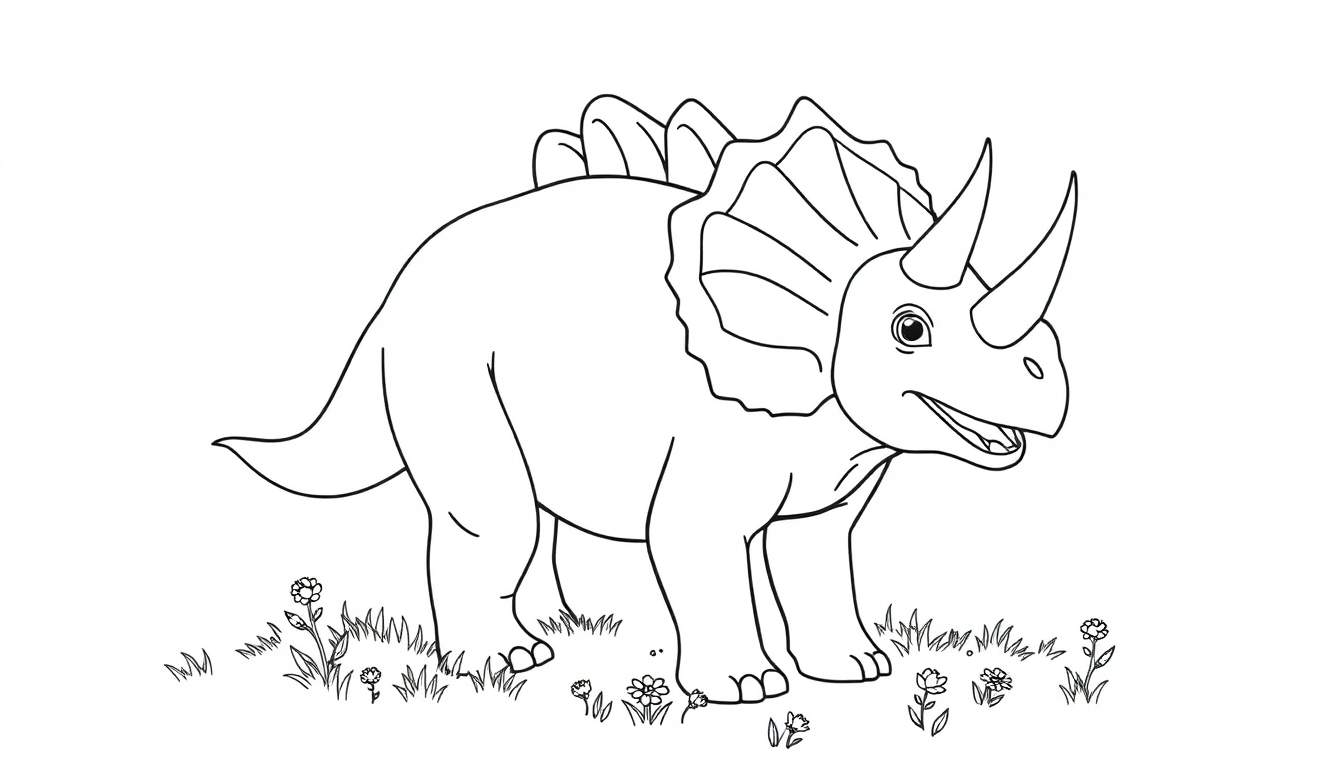 A happy Triceratops coloring panel with big horns, ready for coloring fun!