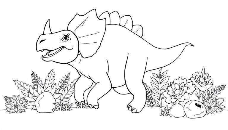 A happy Triceratops coloring panel in a forest.