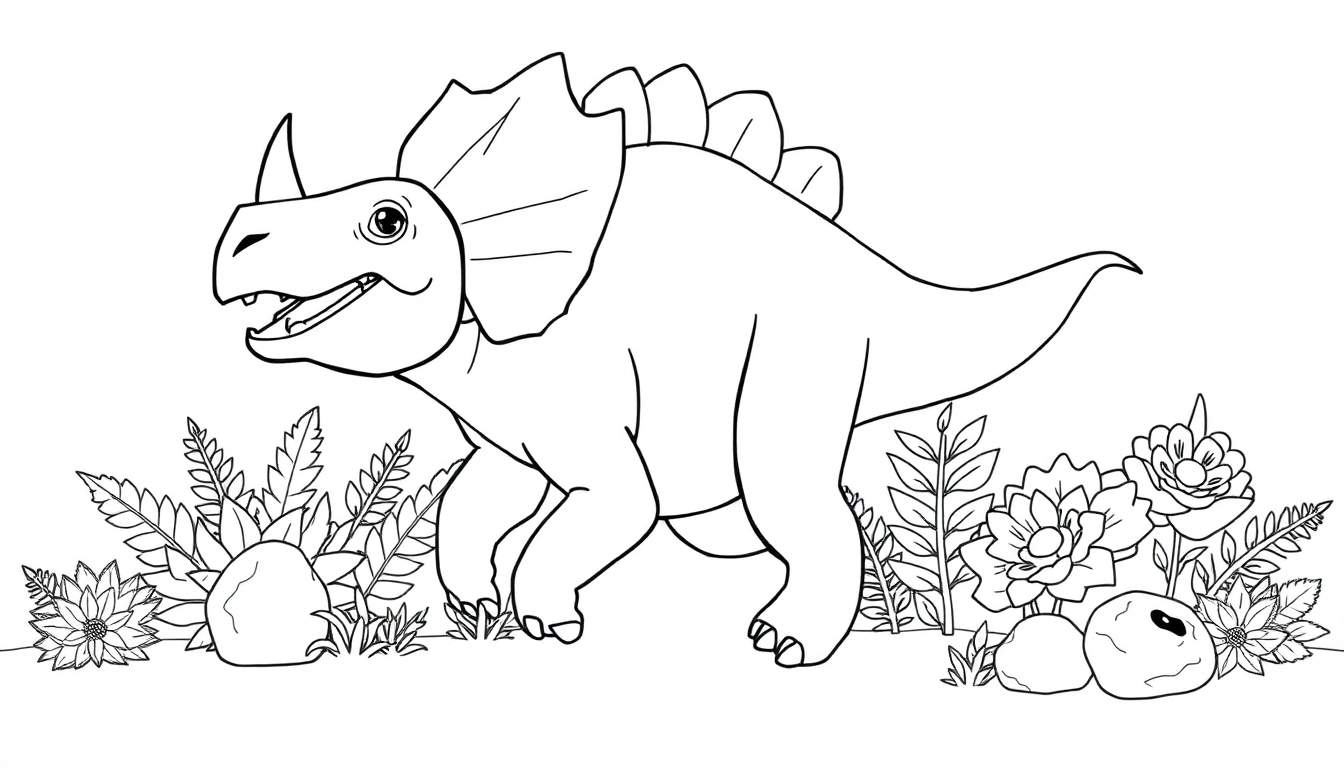 A happy Triceratops coloring panel in a forest.