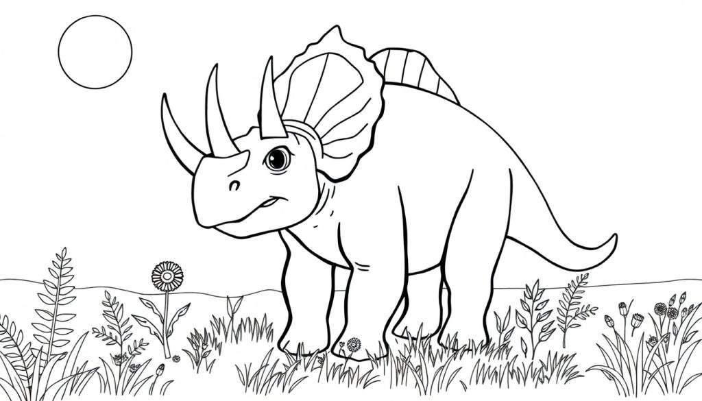 A coloring page color panel of a friendly cartoon triceratops in a meadow.