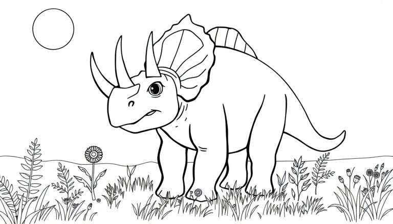 A coloring page color panel of a friendly cartoon triceratops in a meadow.