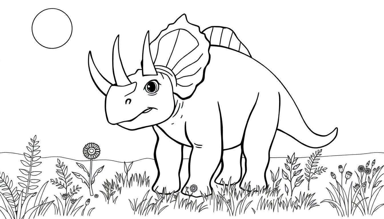 A coloring page color panel of a friendly cartoon triceratops in a meadow.