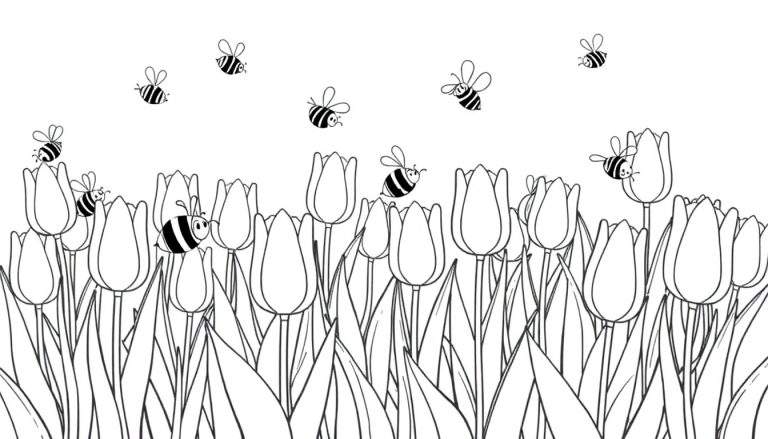 A black and white color panel showing a field of tulips with cartoon bees buzzing around, perfect for coloring.