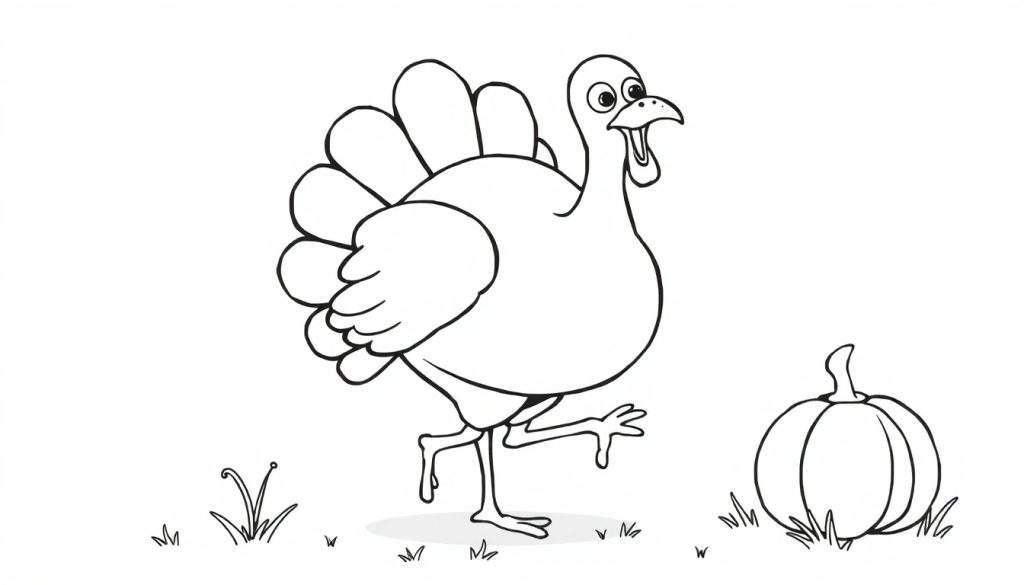 A friendly cartoon turkey and pumpkin color panel.