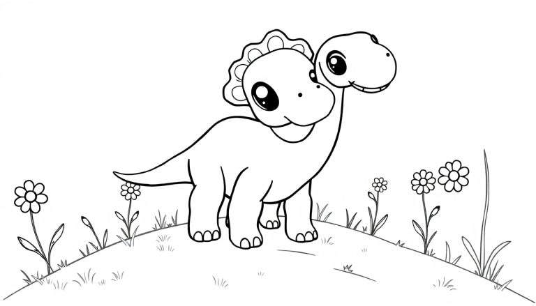 A cute, two-headed baby Diplodocus on a grassy hill with flowers, ready for coloring. This color panel shows a friendly dinosaur waiting for your artistic touch.
