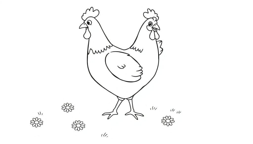 A two-headed chicken in a field of flowers, a fun color panel for kids.