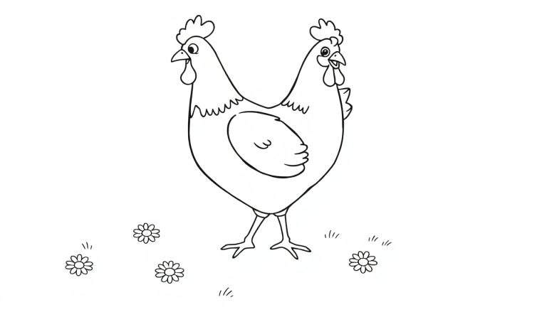 A two-headed chicken in a field of flowers, a fun color panel for kids.