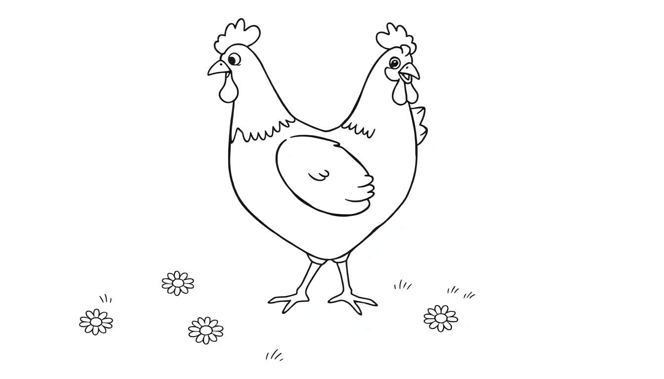A two-headed chicken in a field of flowers, a fun color panel for kids.