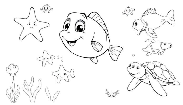 A black and white cartoon color panel of an underwater scene with a happy fish, starfish, turtle, and sea plants.