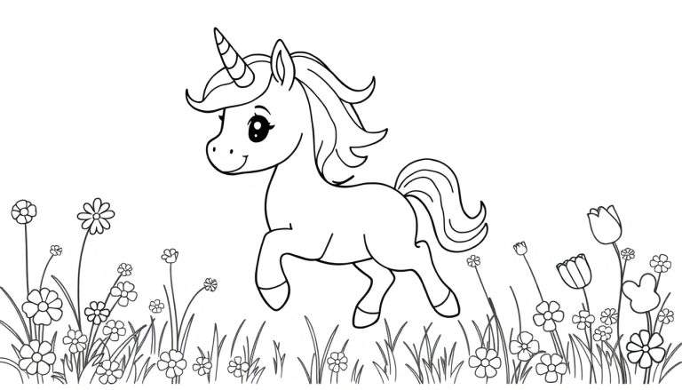 Cute baby unicorn in a flower field color panel.