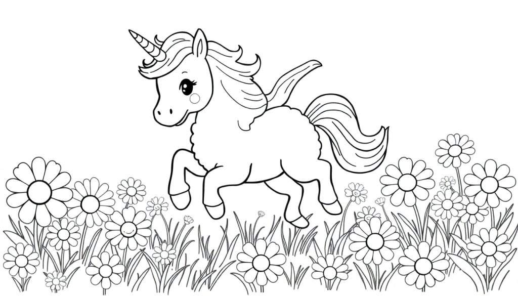A black and white line drawing of a cartoon unicorn prancing through a flower field, ready for coloring. This color panel is full of fun!
