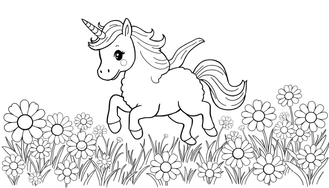 A black and white line drawing of a cartoon unicorn prancing through a flower field, ready for coloring. This color panel is full of fun!