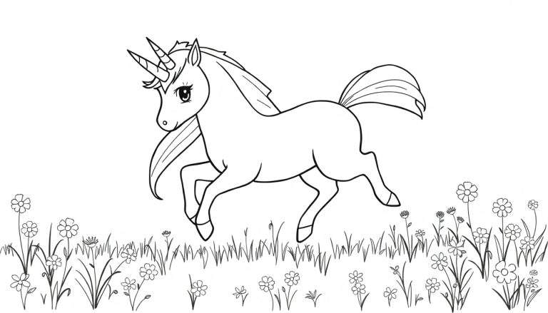 A cute unicorn galloping through a flower meadow, a black and white coloring panel.