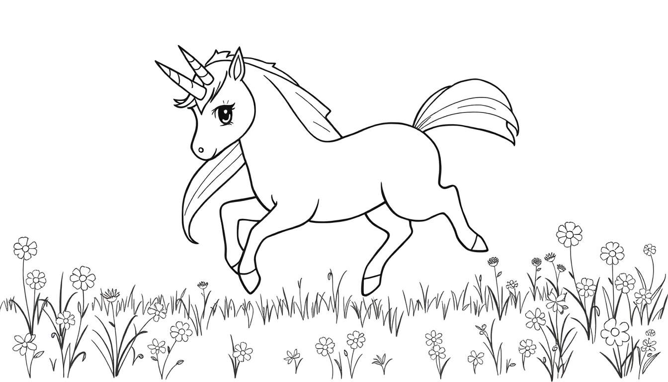 A cute unicorn galloping through a flower meadow, a black and white coloring panel.