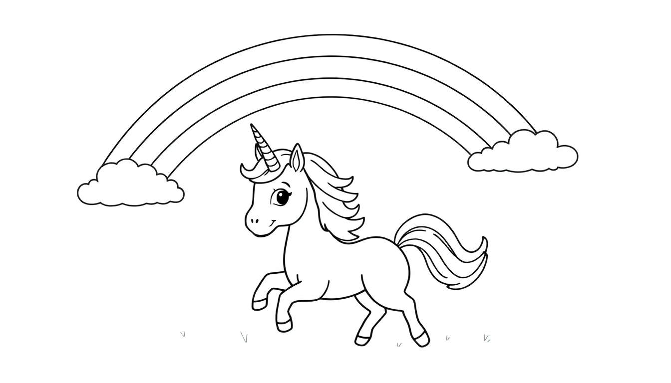 A black and white cartoon unicorn prancing under a rainbow and clouds, perfect for a color panel.