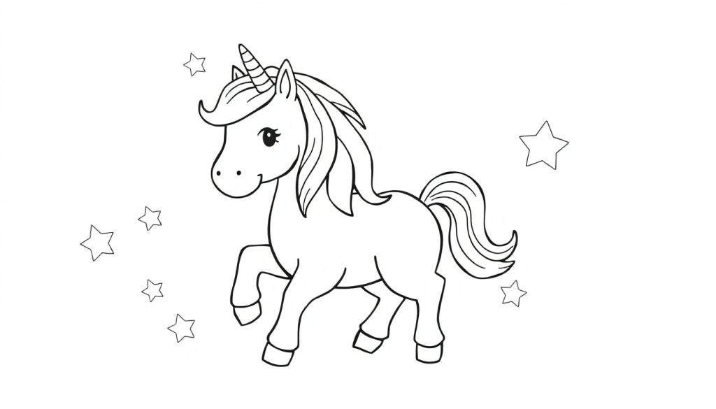 A friendly cartoon unicorn with a rainbow mane, black and white coloring page for kids color panel.