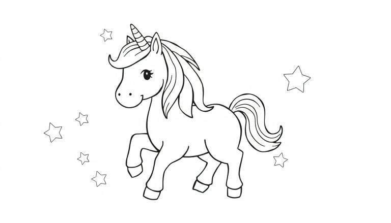 A friendly cartoon unicorn with a rainbow mane, black and white coloring page for kids color panel.