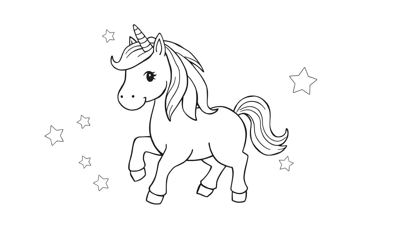 A friendly cartoon unicorn with a rainbow mane, black and white coloring page for kids color panel.