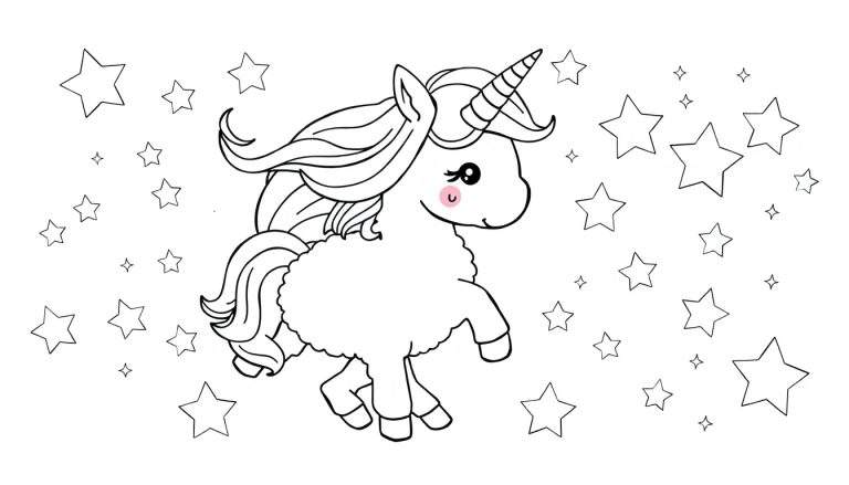 A black and white cartoon unicorn coloring panel surrounded by stars.