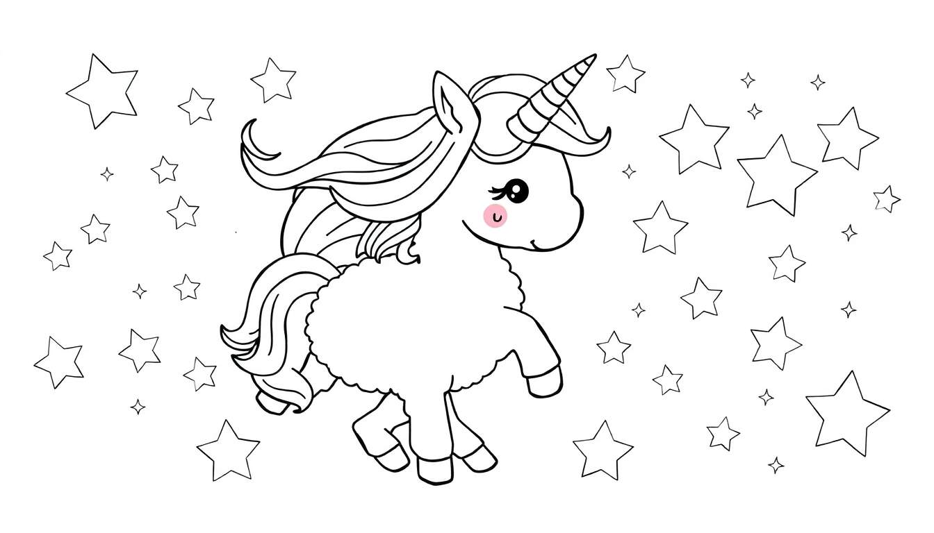 A black and white cartoon unicorn coloring panel surrounded by stars.