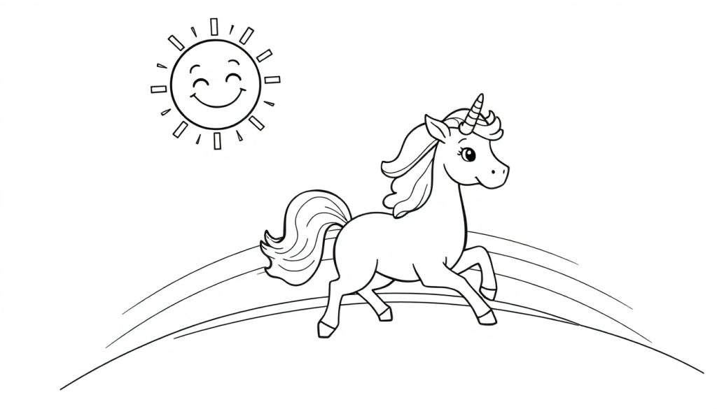 A white unicorn with a flowing mane gallops across a vibrant rainbow, with a cheerful, smiling sun shining brightly in the background.