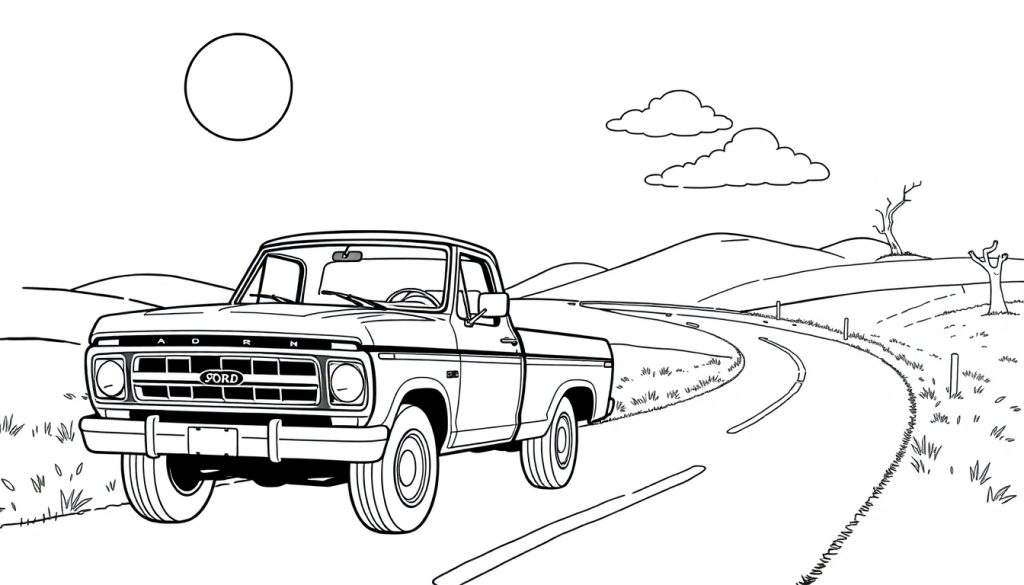 Black and white drawing of a vintage Ford pickup truck on a winding road, ready for coloring and part of our color panel collection.
