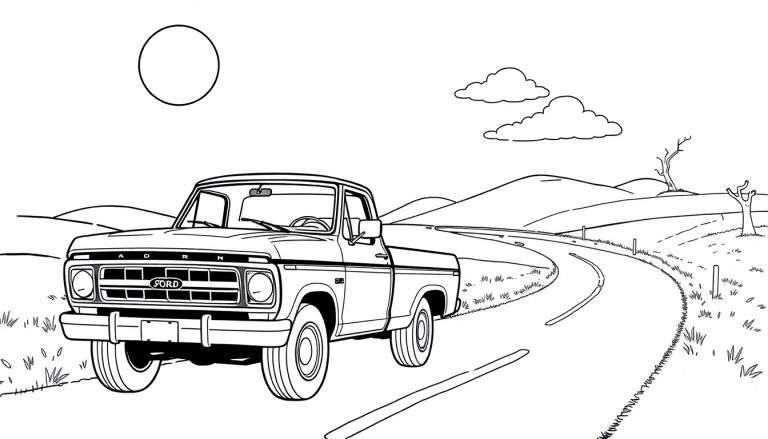 Black and white drawing of a vintage Ford pickup truck on a winding road, ready for coloring and part of our color panel collection.
