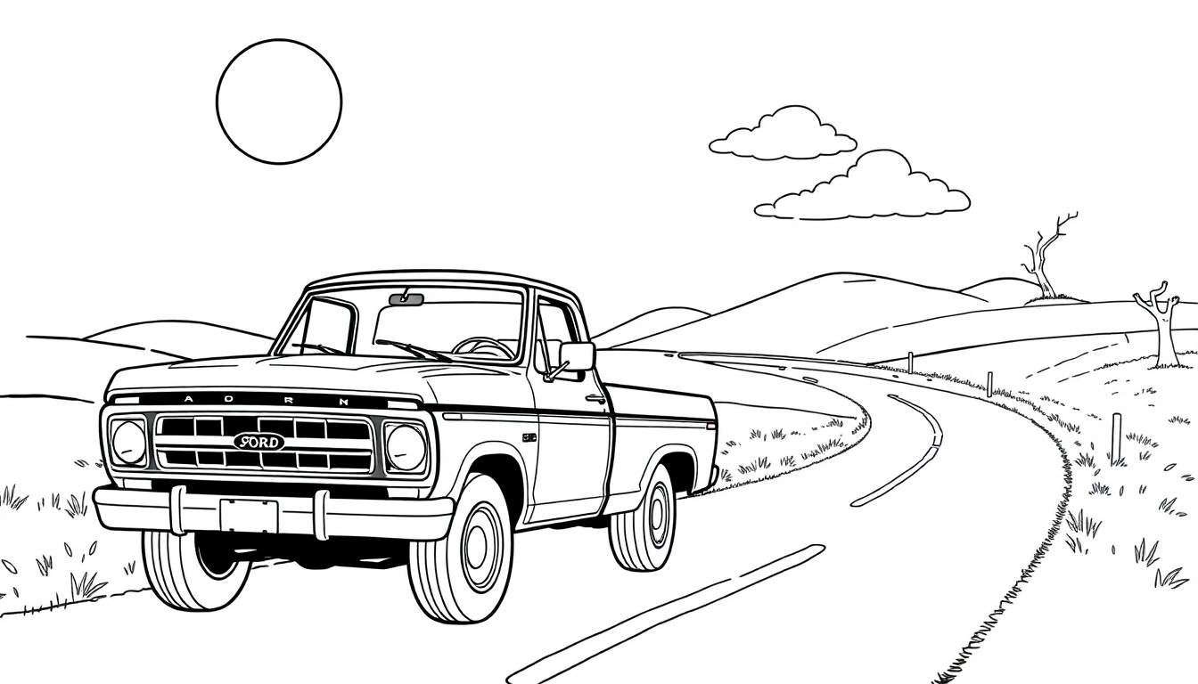 Black and white drawing of a vintage Ford pickup truck on a winding road, ready for coloring and part of our color panel collection.