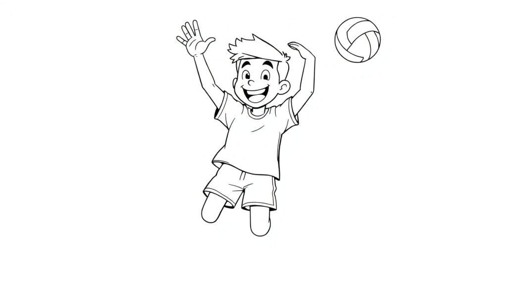 A black and white line drawing of a smiling boy jumping to hit a volleyball, ready to be colored in this fun color panel.