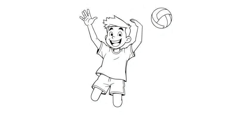 A black and white line drawing of a smiling boy jumping to hit a volleyball, ready to be colored in this fun color panel.