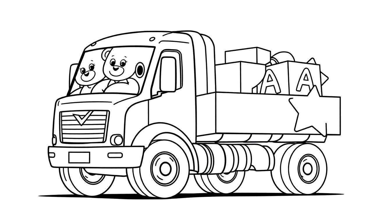 A friendly Volvo truck color panel with two teddy bears driving and blocks in the back.
