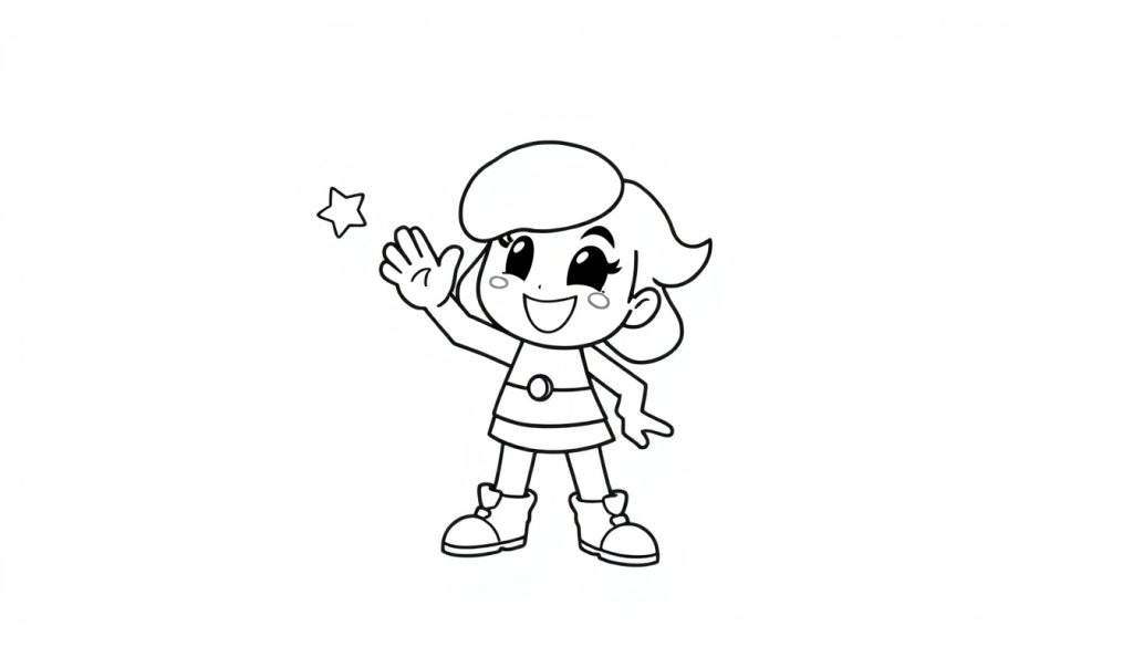 A cute girl in a black and white outline, waving hello like a Brawl Stars character, ready for a color panel.