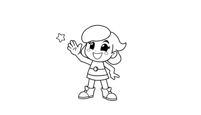 A cute girl in a black and white outline, waving hello like a Brawl Stars character, ready for a color panel.