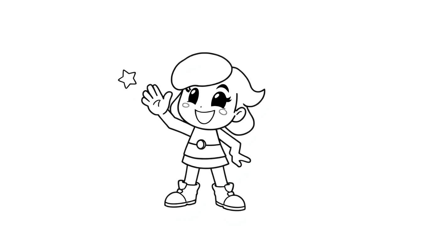 A cute girl in a black and white outline, waving hello like a Brawl Stars character, ready for a color panel.