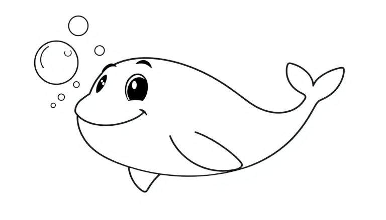A friendly whale in a black and white coloring panel.