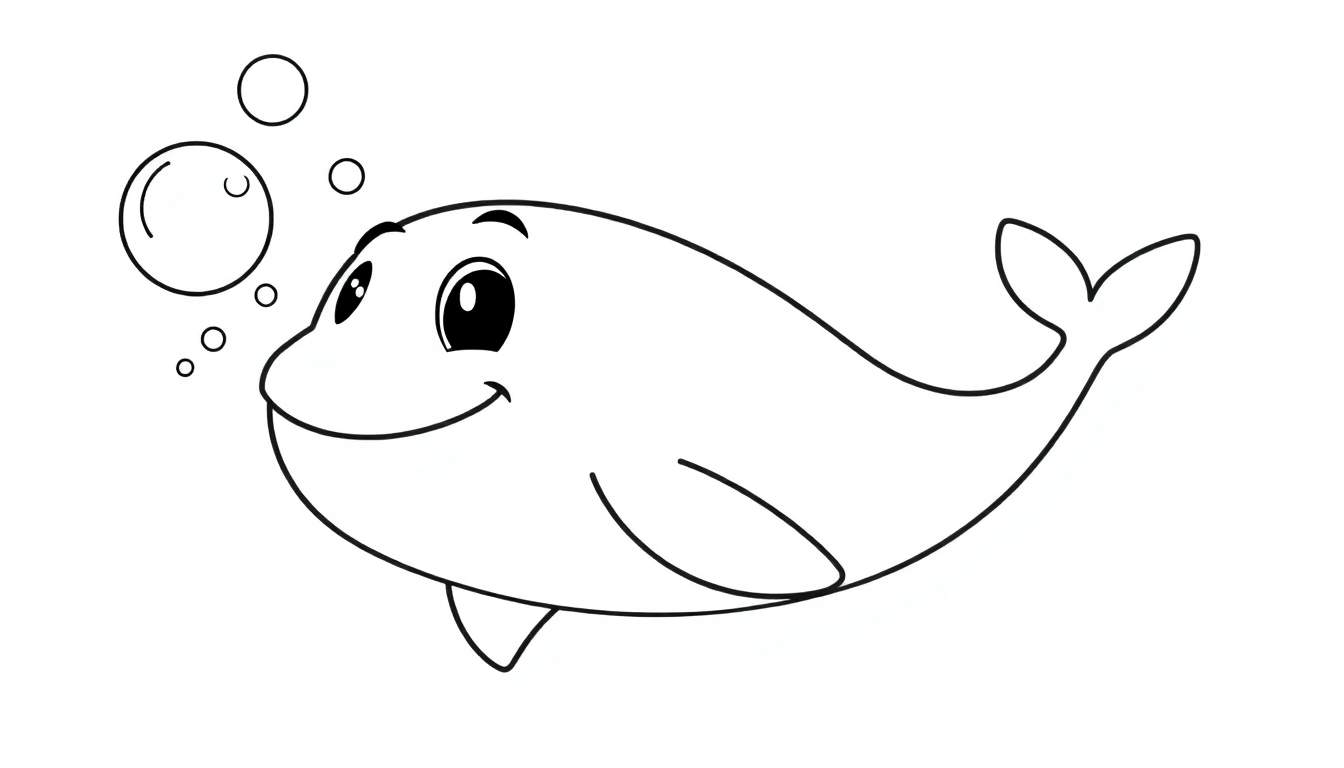 A friendly whale in a black and white coloring panel.